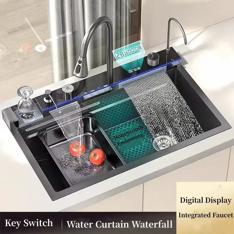 Stainless Steel Kitchen Sink Double Waterfall Integrated Digital Display
