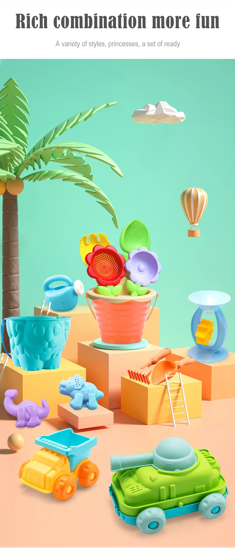 Children's beach toys, playing with sand, digging an hourglass, playing with water, shovels, buckets, and kettles, ages 1-6