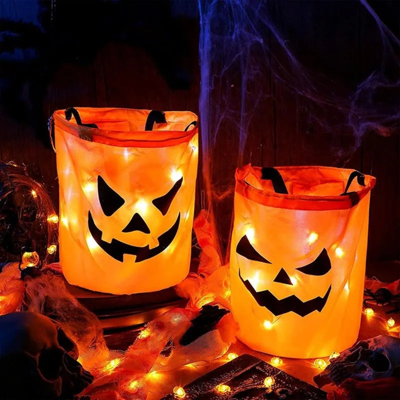 LED Halloween Decorative Basket Light Decoration Pumpkin Tote Bag Children's Halloween Gift "Trick or Treat" Candy Bucket Bag