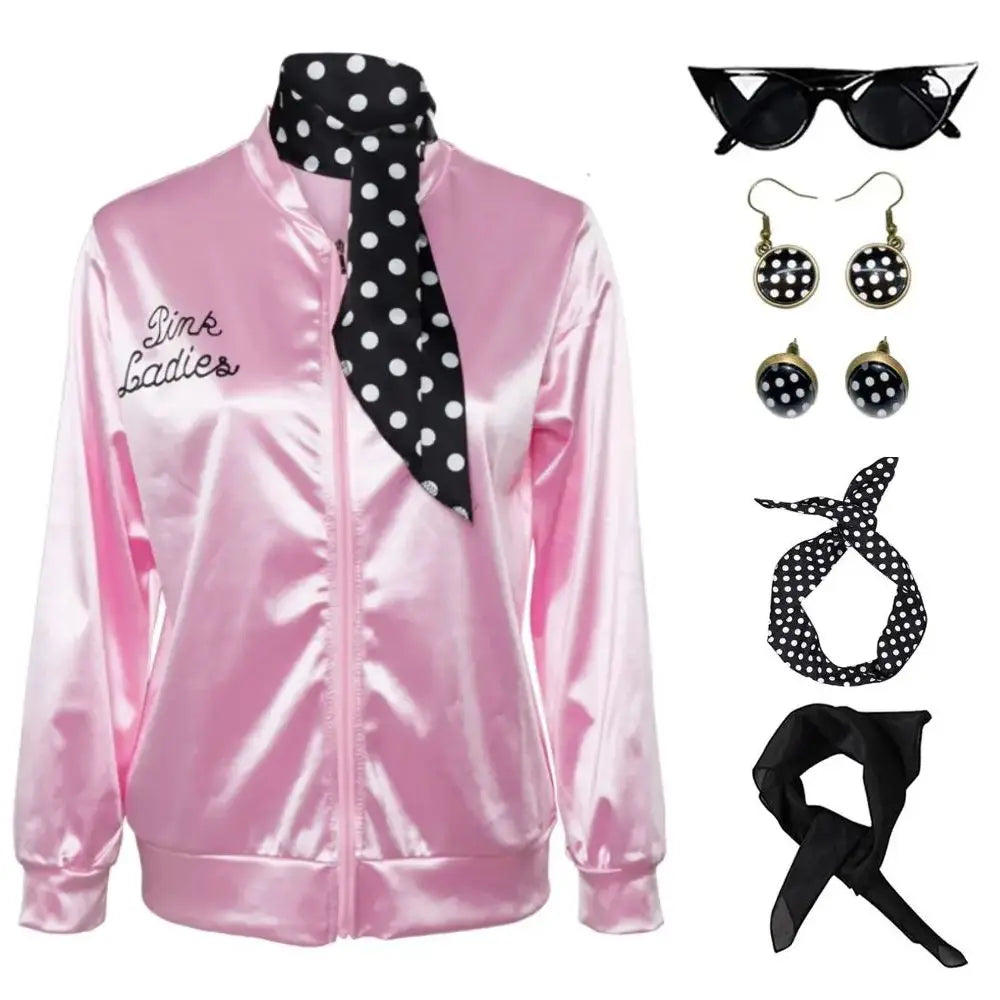 Pink Ladies Grease Costume for Adult Women Disguise Jacket Retro 50s 60s 70s 80s Costumes Halloween Carnival Disguise Party Suit