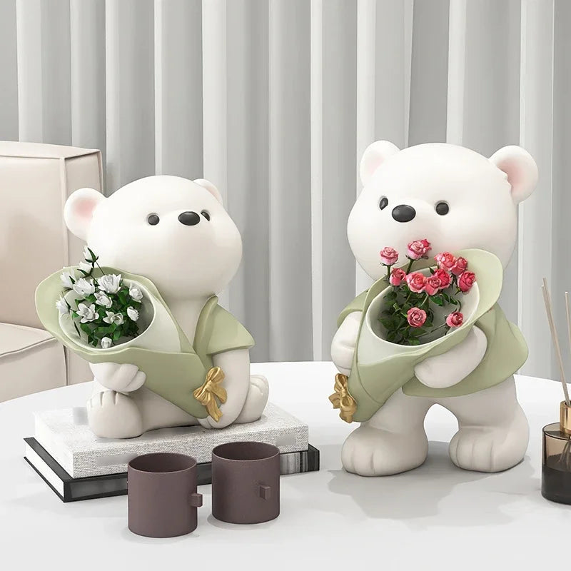 Nordic Bear Storage Vase Resin Figurines Ornaments Living Room Porch Desk Decoration Bouquet Flower Arrangement Vases Home Decor