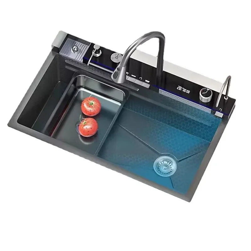 Stainless Steel Kitchen Sink Double Waterfall Integrated Digital Display