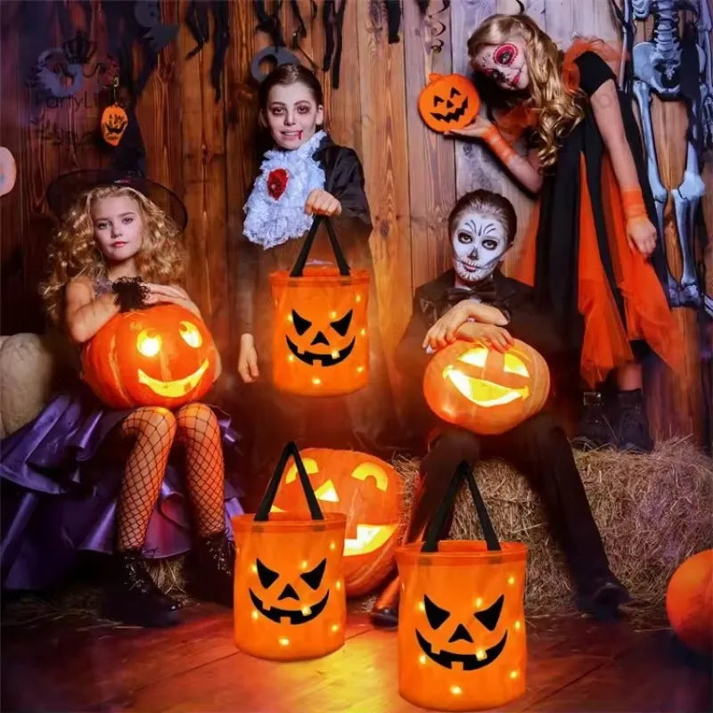 LED Halloween Decorative Basket Light Decoration Pumpkin Tote Bag Children's Halloween Gift "Trick or Treat" Candy Bucket Bag