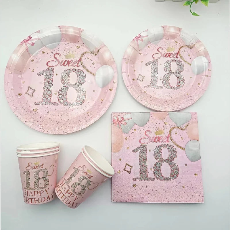 18 Year Old Pink Birthday Party Disposable Paper Plate Paper Cup Napkin Girl Happy Birthday