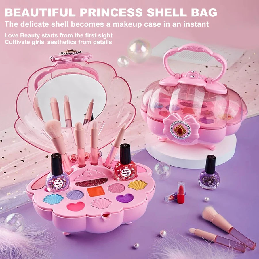 Shell Children's Makeup Bag Girl, Princess Truly Washable Pretending to Play with Cosmetics Set Toys, Non toxic and Safe