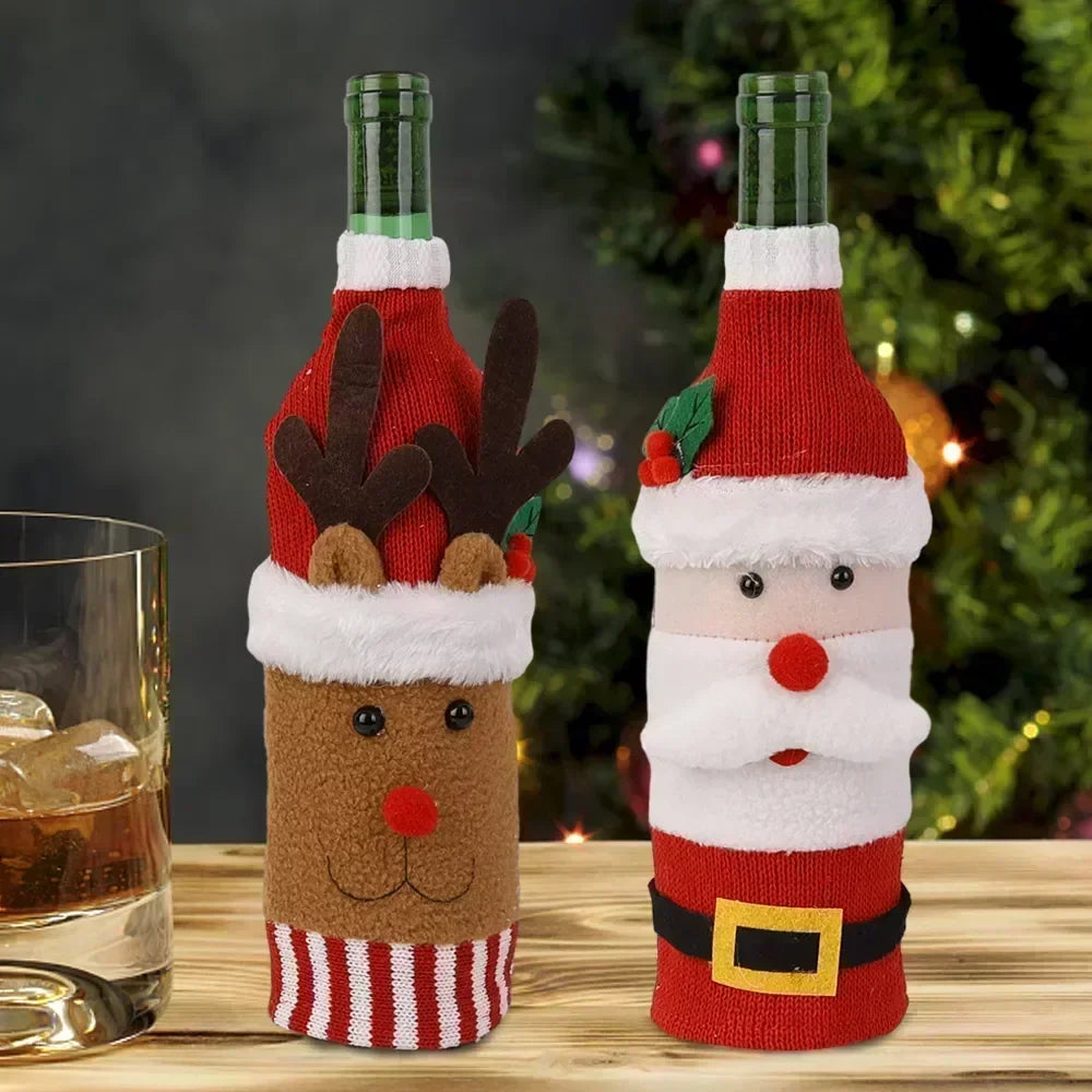 Christmas Wine Bottle Cover Set Santa Snowman Woven