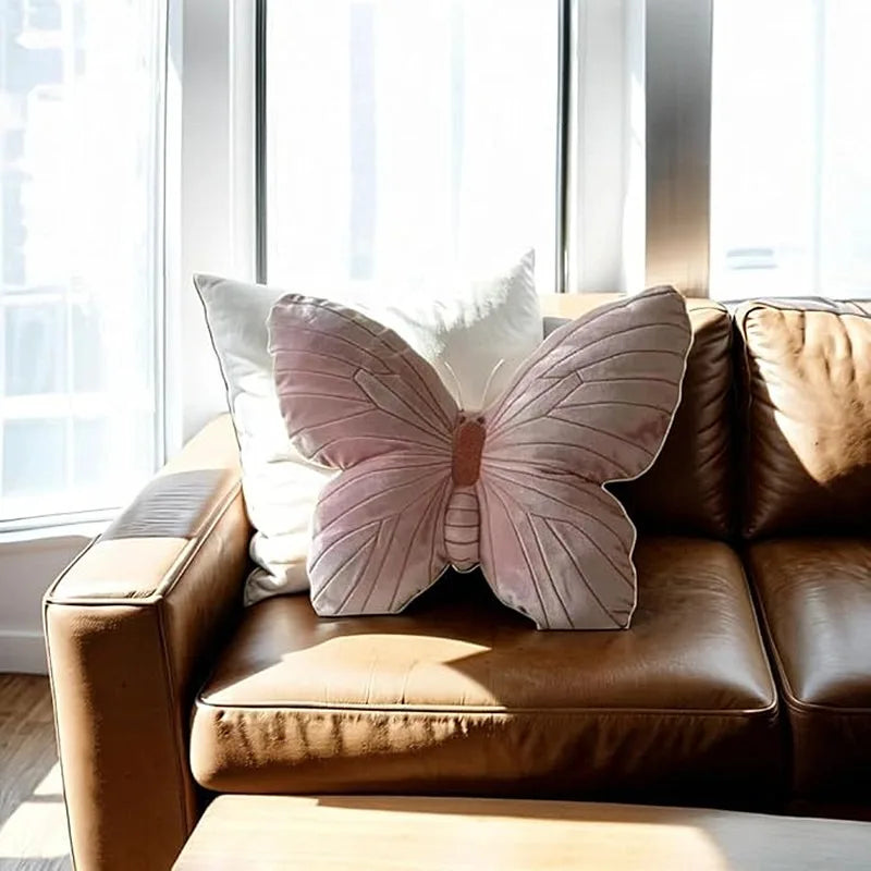 Pink Velvet Butterfly Throw Pillow Soft Stuffed Cushion