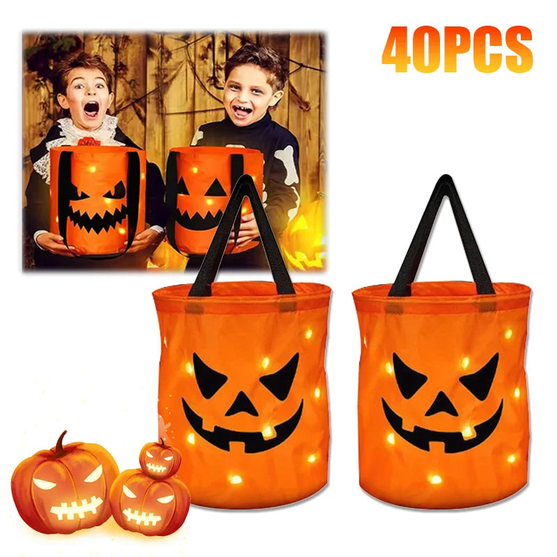 LED Halloween Decorative Basket Light Decoration Pumpkin Tote Bag Children's Halloween Gift "Trick or Treat" Candy Bucket Bag