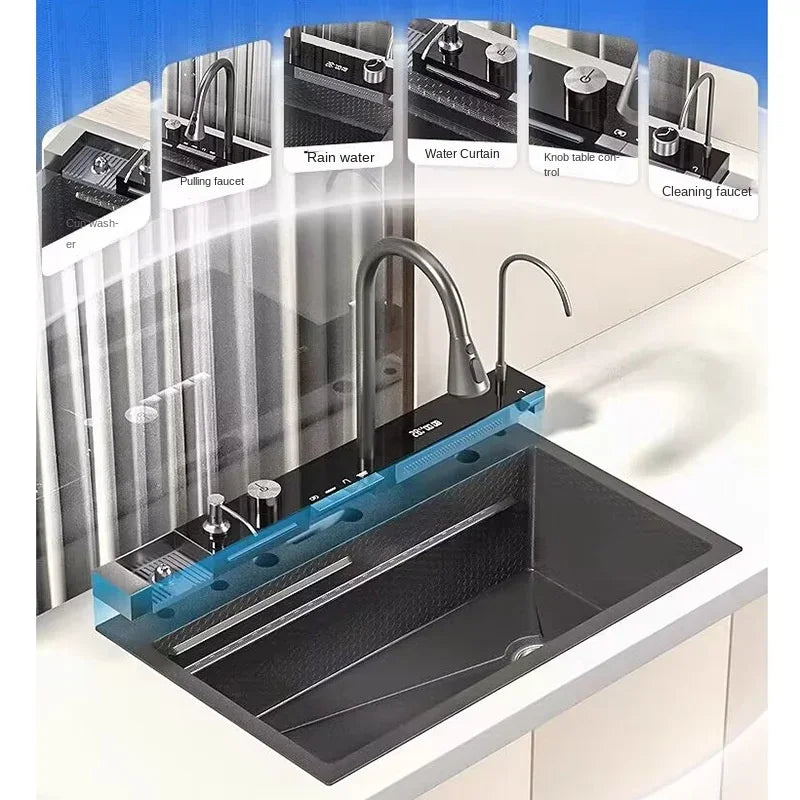 Stainless Steel Kitchen Sink Double Waterfall Integrated Digital Display