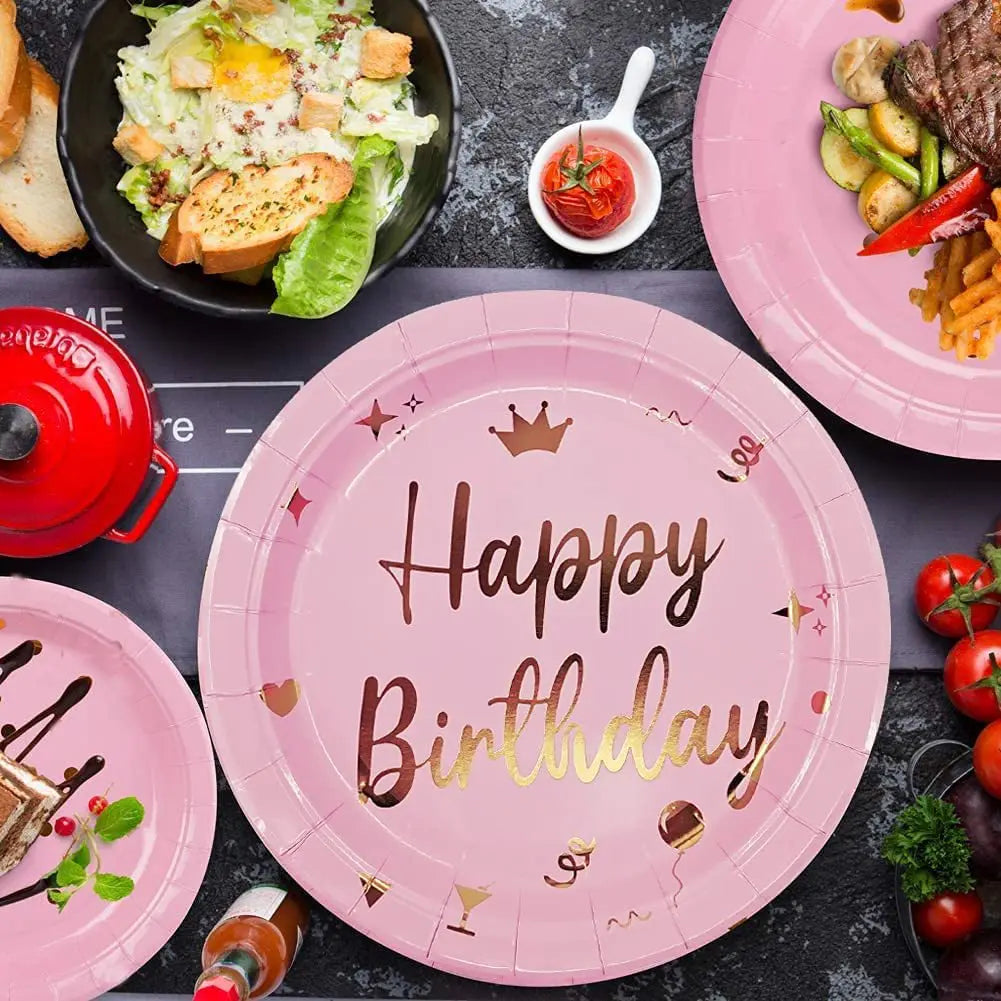 Pink Birthday Disposable Tablewares Happy Birthday Decorations Pink Paper Plates Plastic Tablecover