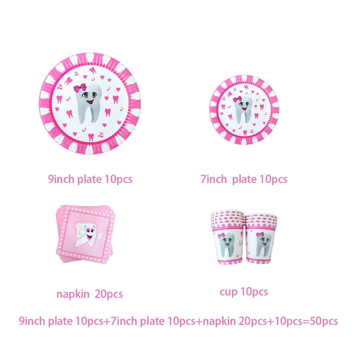 Charm Pink Blue Teeth Theme Disposable Tableware Boy Girl First Tooth Birthday Party Decor