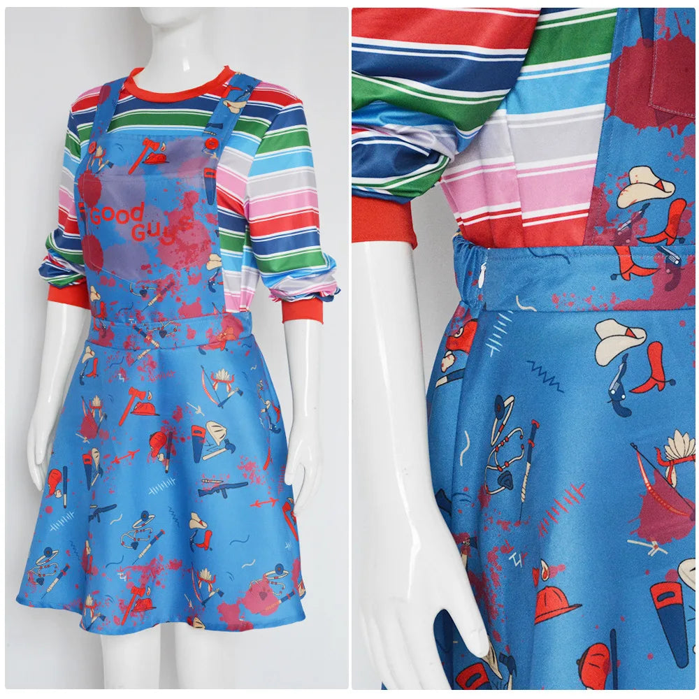 Halloween Adult Terror Costume Movie Chucky Child Play Cosplay Costume Women Print Ghost Dress Top Outfit Carnival Party Clothes