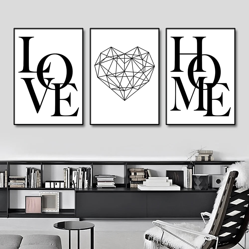 3pcs Love Home Diamond Heart Letter Canvas Prints Nordic Modern Living Room