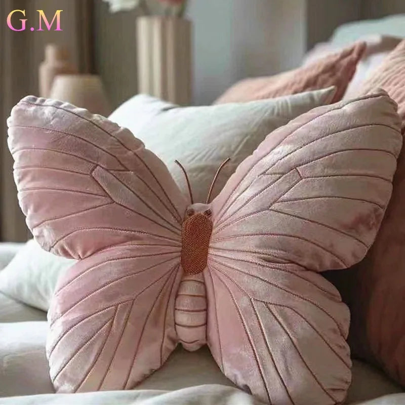 Pink Velvet Butterfly Throw Pillow Soft Stuffed Cushion