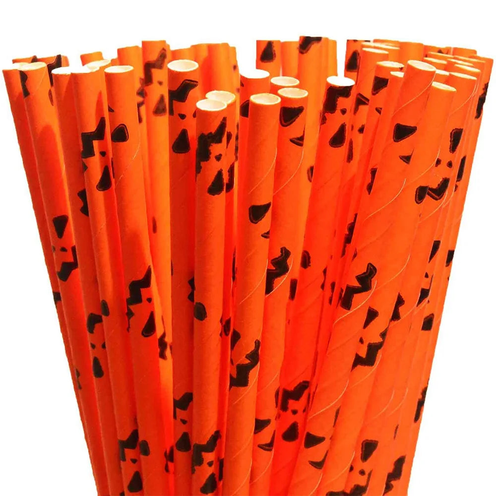 25/50/100pcs Halloween Party Favors Paper Straws Black and Orange Party Biodegradable Drinking Stripe Straws for Halloween