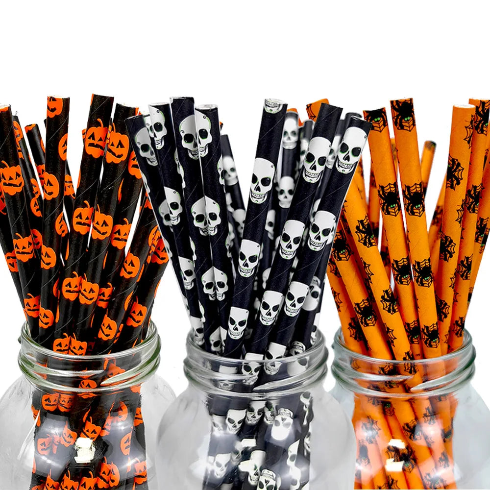 25/50/100pcs Halloween Party Favors Paper Straws Black and Orange Party Biodegradable Drinking Stripe Straws for Halloween
