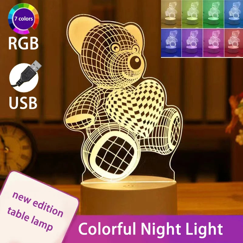 1pc Love Bear 3D Night Light, Girlfriend Gift Light, Colorful Bedroom Decoration Atmosphere Light