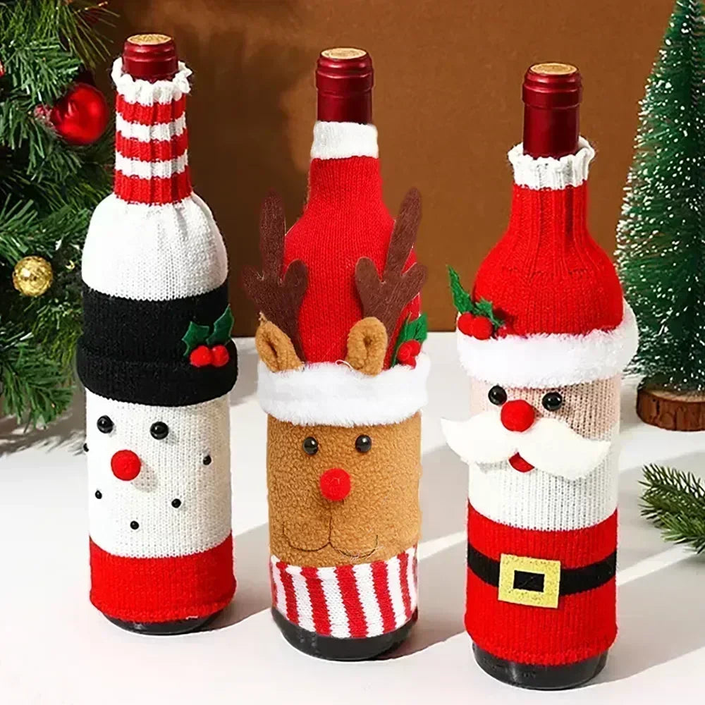 Christmas Wine Bottle Cover Set Santa Snowman Woven