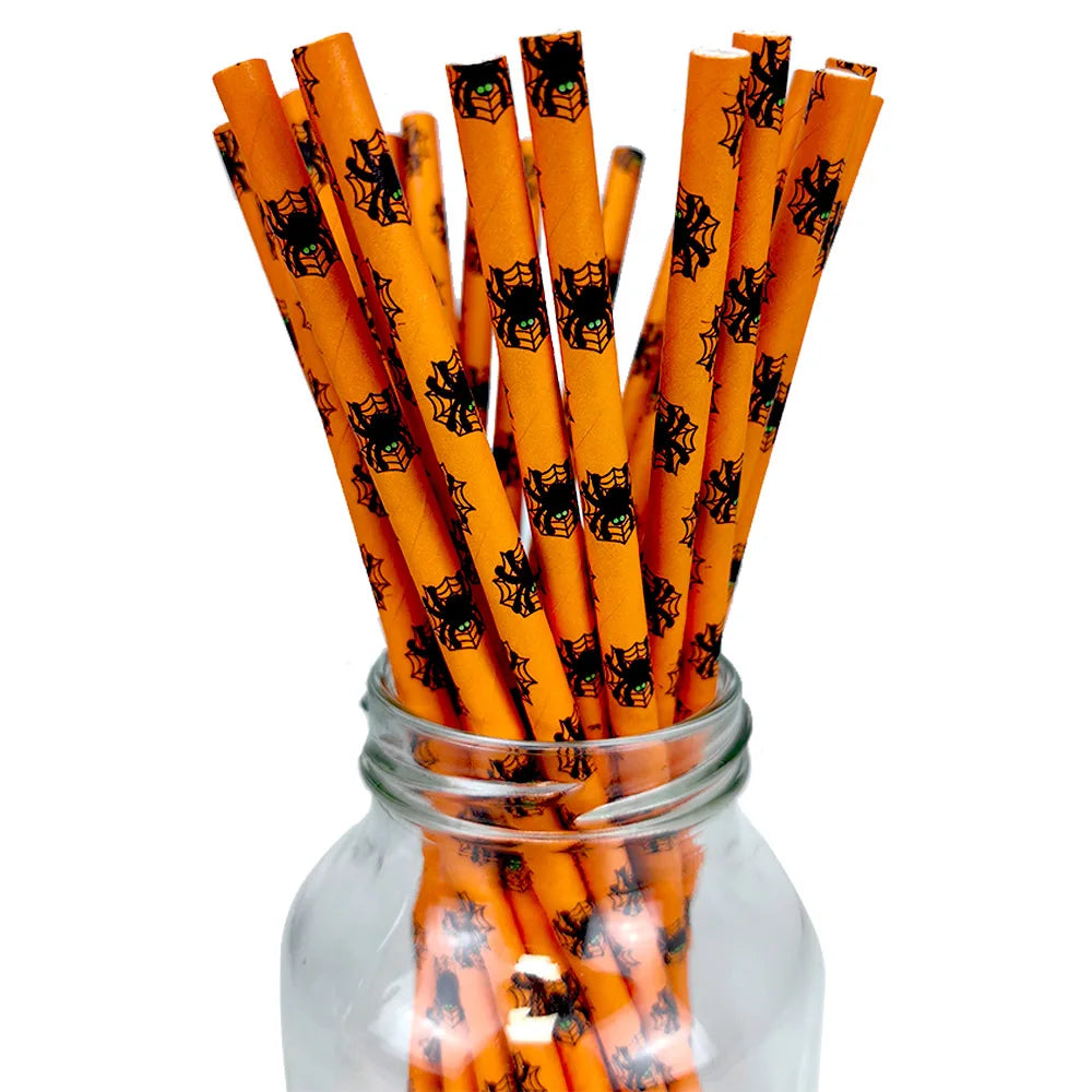 25/50/100pcs Halloween Party Favors Paper Straws Black and Orange Party Biodegradable Drinking Stripe Straws for Halloween