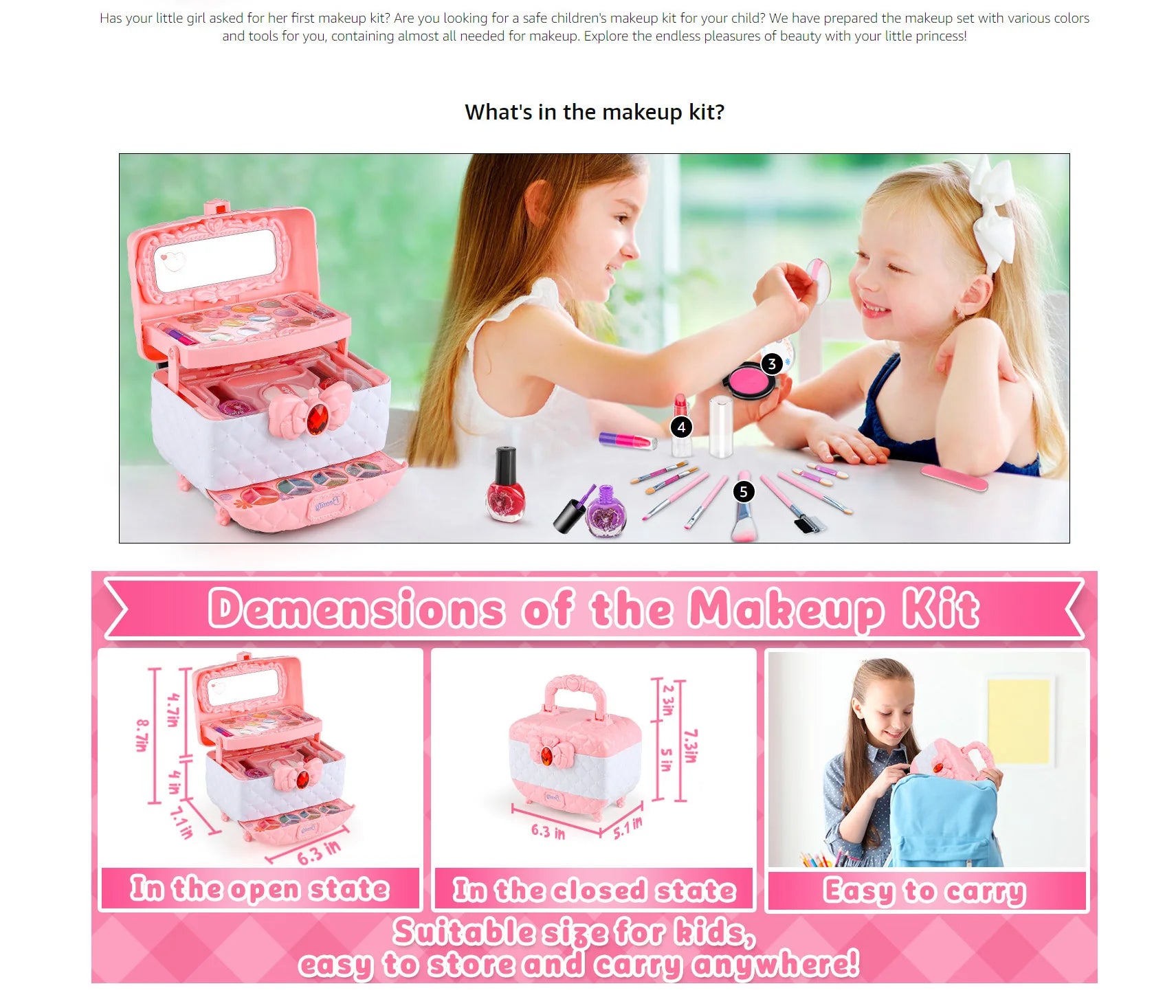 Kids Makeup Toy Kit for Girls, Washable Makeup Set Toy with Real Cosmetic Case for Little Girl, Pretend Play Makeup Beauty Set B