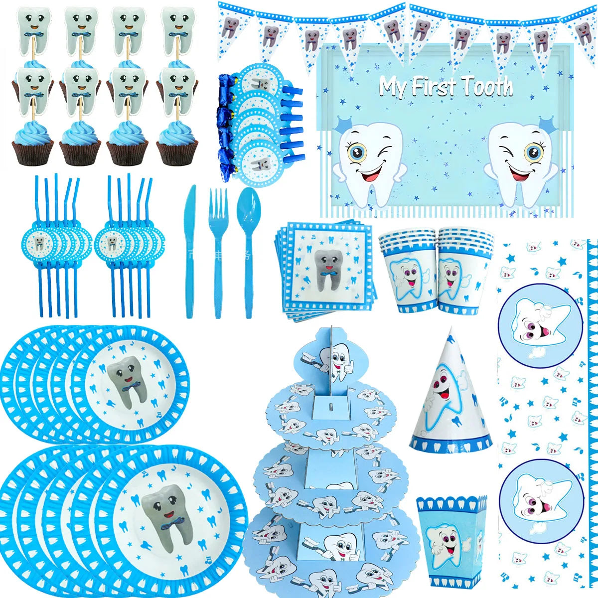Charm Pink Blue Teeth Theme Disposable Tableware Boy Girl First Tooth Birthday Party Decor