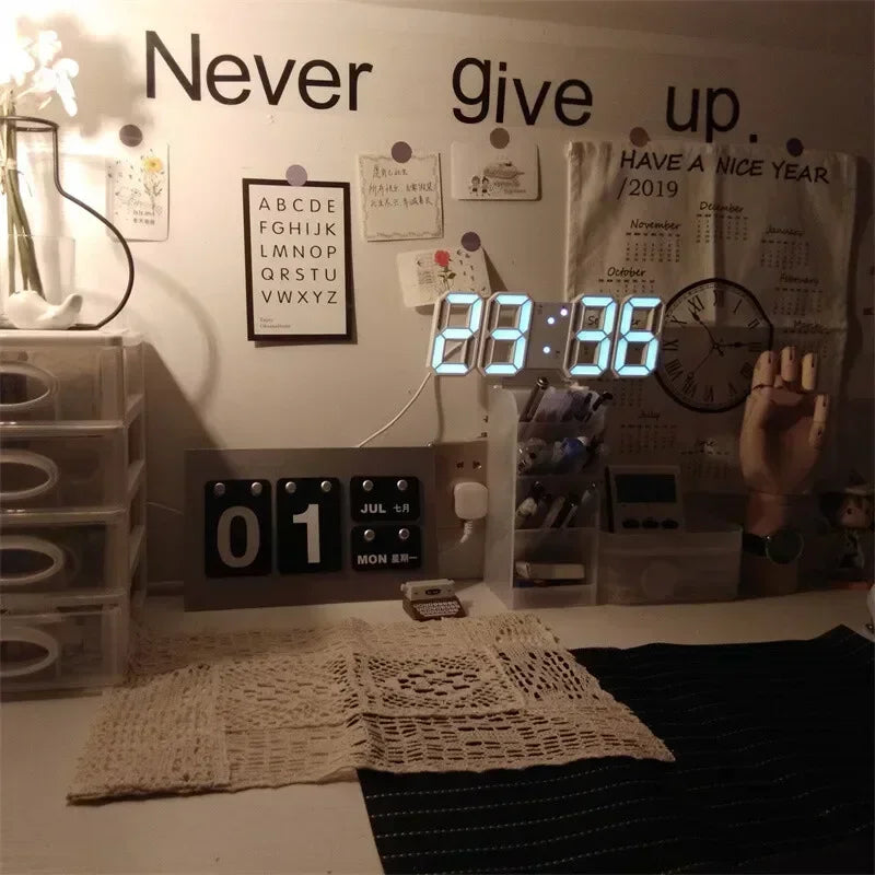 3D LED Digital Clock Wall Decoration Glow Night Mode Decoration for Bedroom