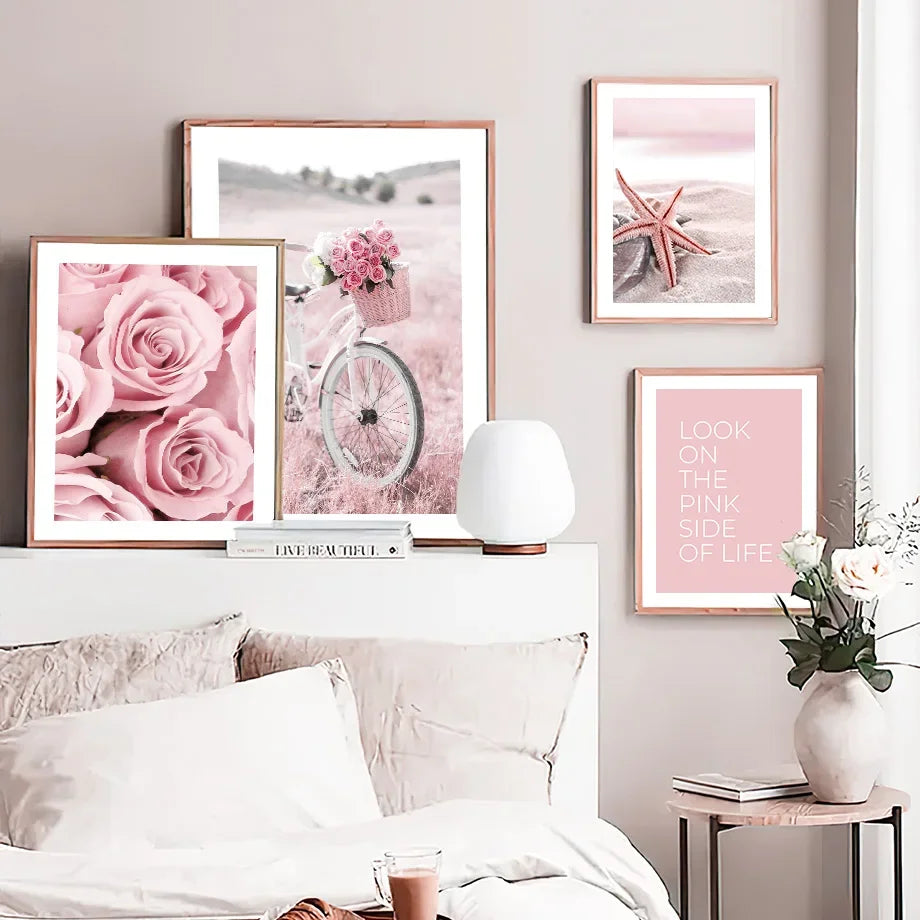 Beach Rock Bike Starfish Rose Flower Landscape Wall Art Canvas Painting