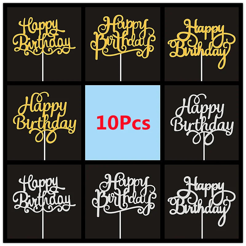 10 Pcs / Bag Gold Silver English Happy Birthday  Cake Toppers  Birthday Party Decorations