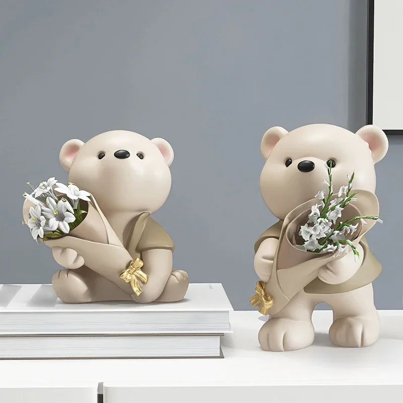 Nordic Bear Storage Vase Resin Figurines Ornaments Living Room Porch Desk Decoration Bouquet Flower Arrangement Vases Home Decor