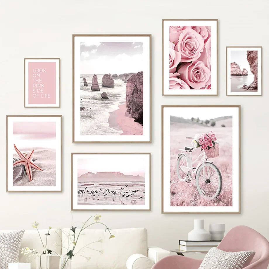Beach Rock Bike Starfish Rose Flower Landscape Wall Art Canvas Painting