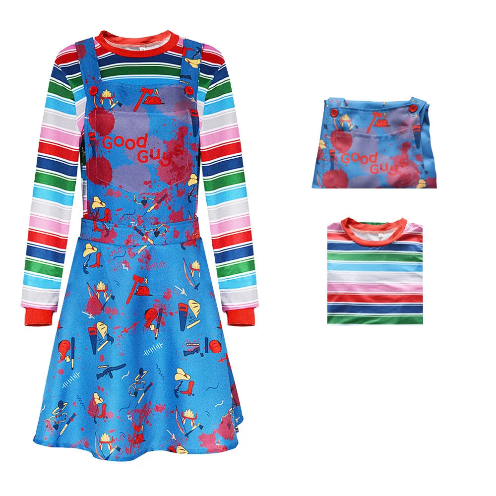 Halloween Adult Terror Costume Movie Chucky Child Play Cosplay Costume Women Print Ghost Dress Top Outfit Carnival Party Clothes