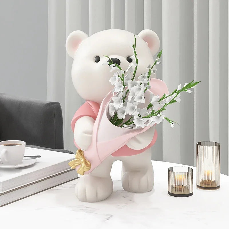 Nordic Bear Storage Vase Resin Figurines Ornaments Living Room Porch Desk Decoration Bouquet Flower Arrangement Vases Home Decor