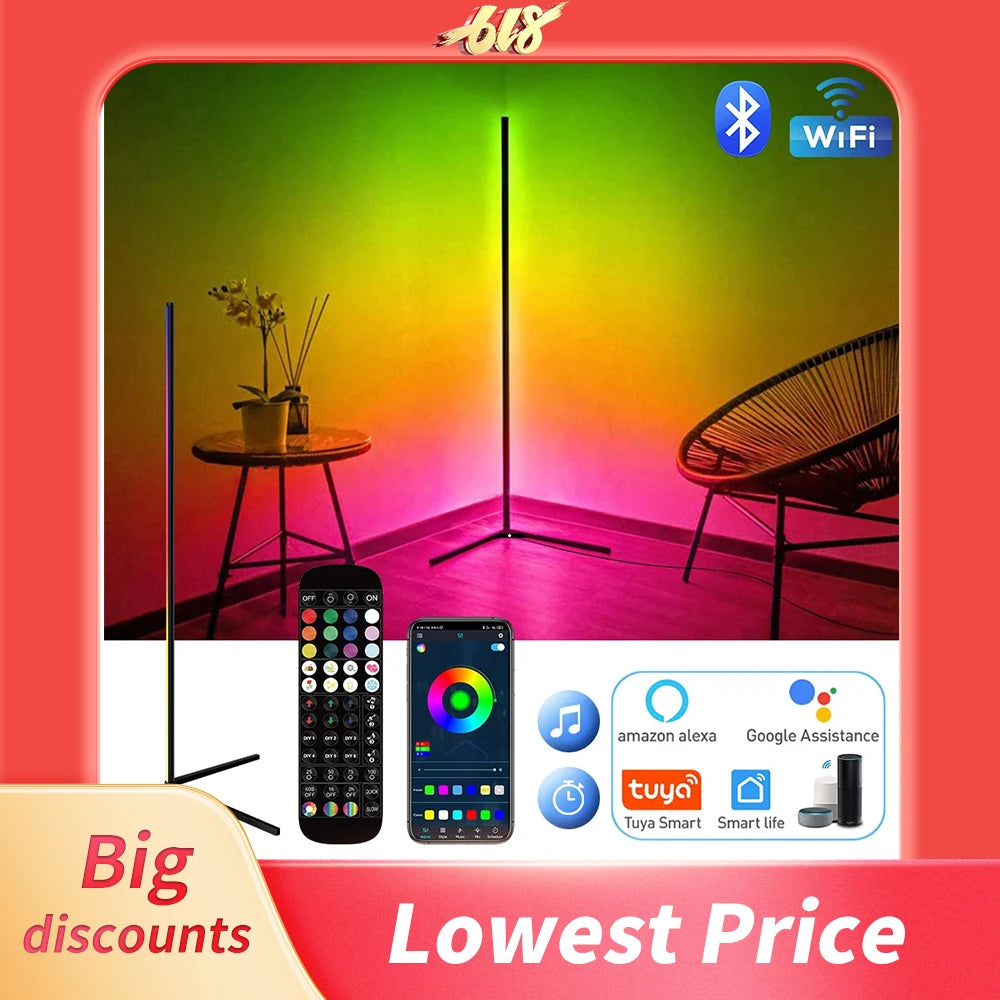 Living Room Dimmable RGB Corner Floor Lamp 140cm Stand Smart APP LED Mood Light