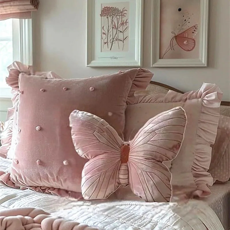 Pink Velvet Butterfly Throw Pillow Soft Stuffed Cushion