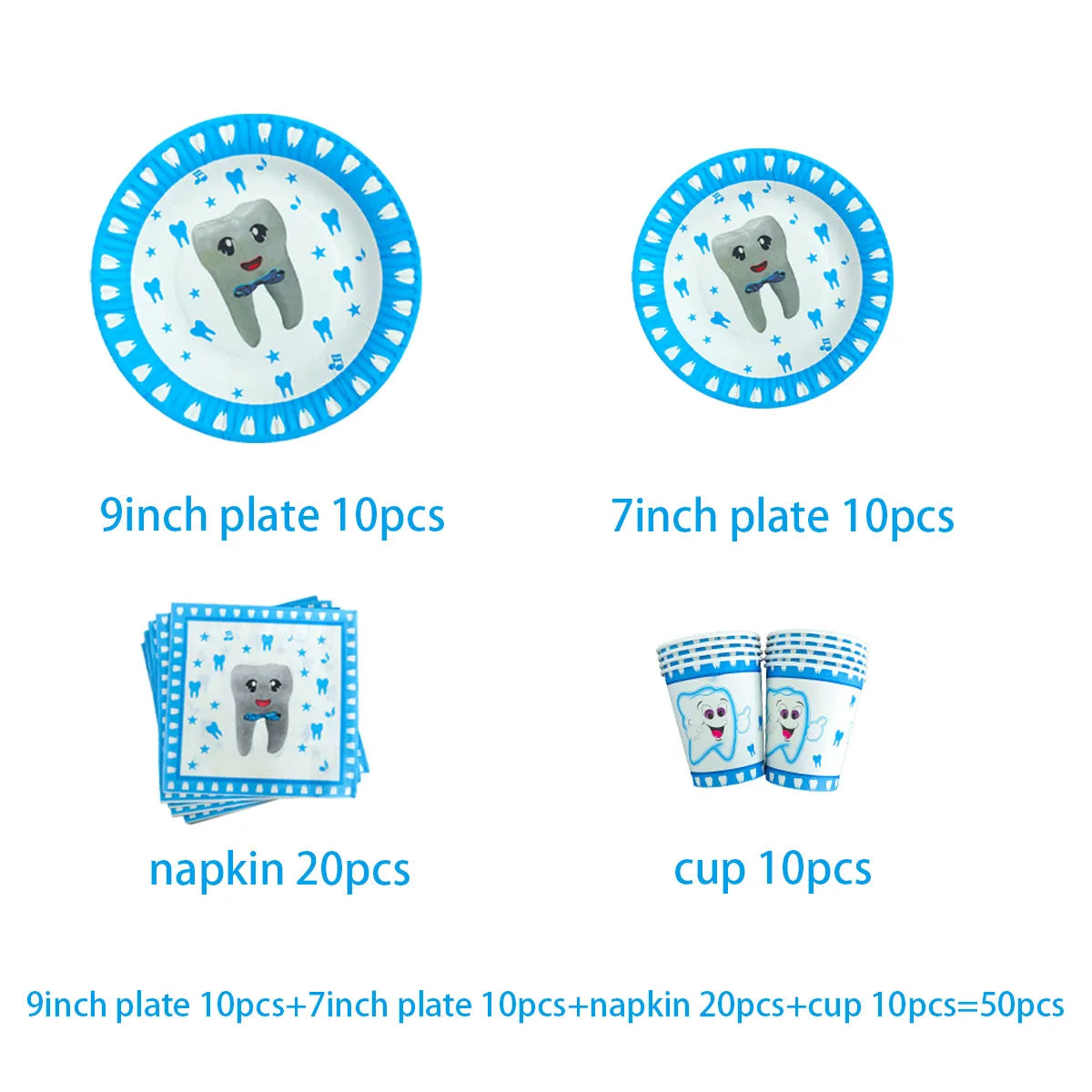 Charm Pink Blue Teeth Theme Disposable Tableware Boy Girl First Tooth Birthday Party Decor