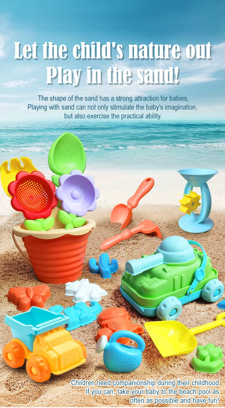 Children's beach toys, playing with sand, digging an hourglass, playing with water, shovels, buckets, and kettles, ages 1-6
