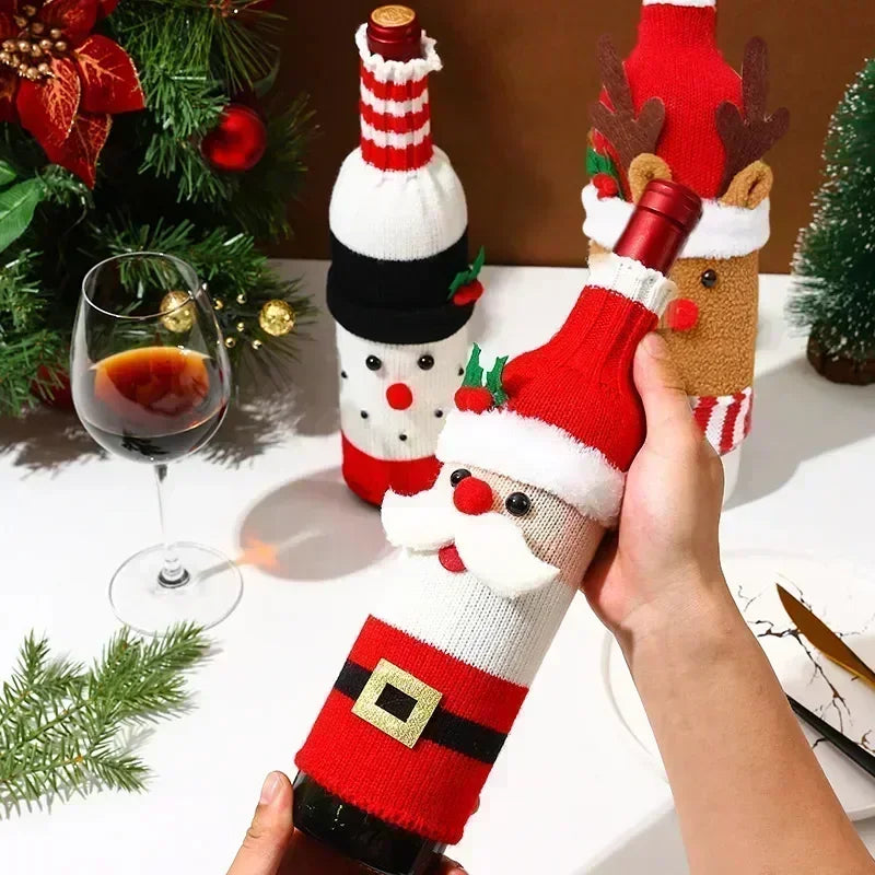 Christmas Wine Bottle Cover Set Santa Snowman Woven