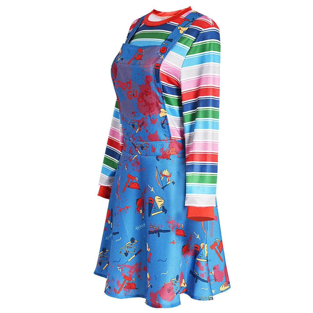 Halloween Adult Terror Costume Movie Chucky Child Play Cosplay Costume Women Print Ghost Dress Top Outfit Carnival Party Clothes