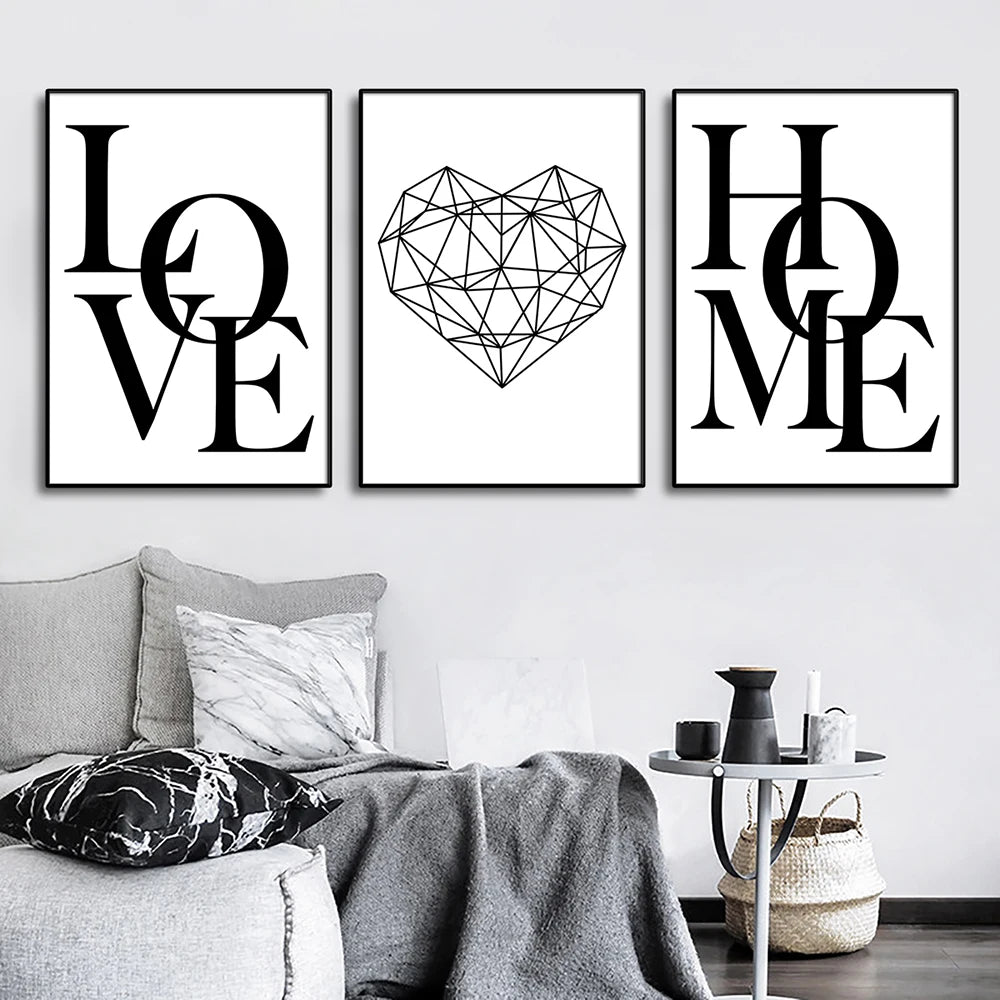 3pcs Love Home Diamond Heart Letter Canvas Prints Nordic Modern Living Room