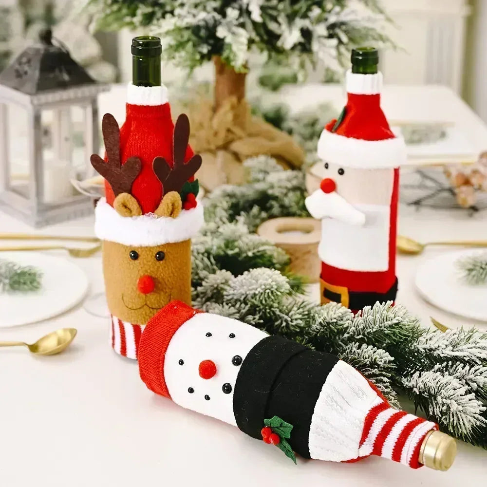 Christmas Wine Bottle Cover Set Santa Snowman Woven