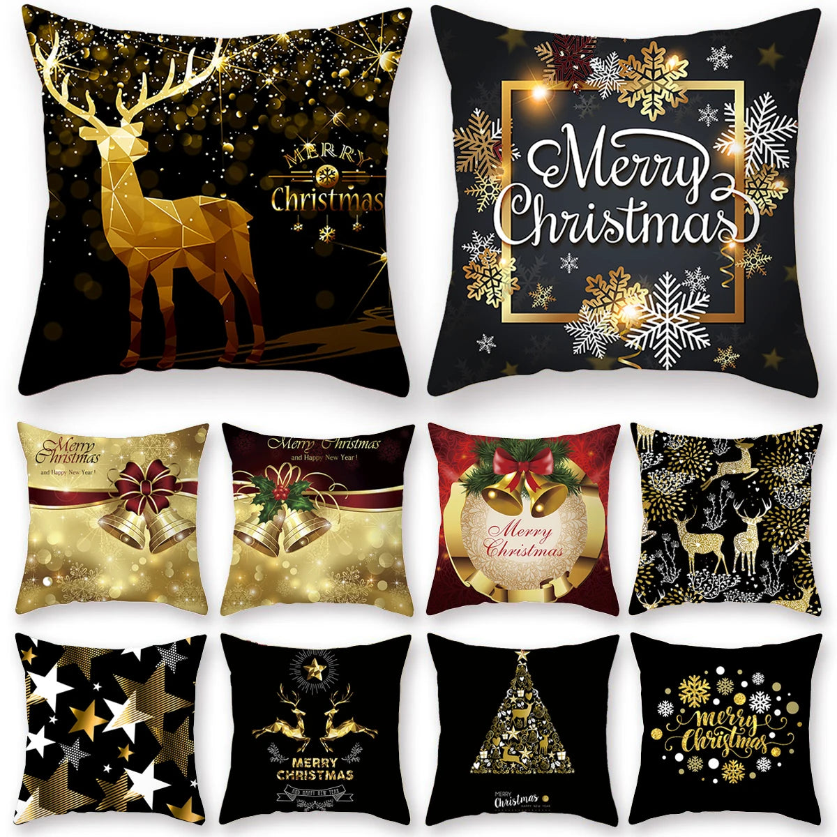 45cm Christmas Black Gold Cushion Cover Merry Christmas Decorations