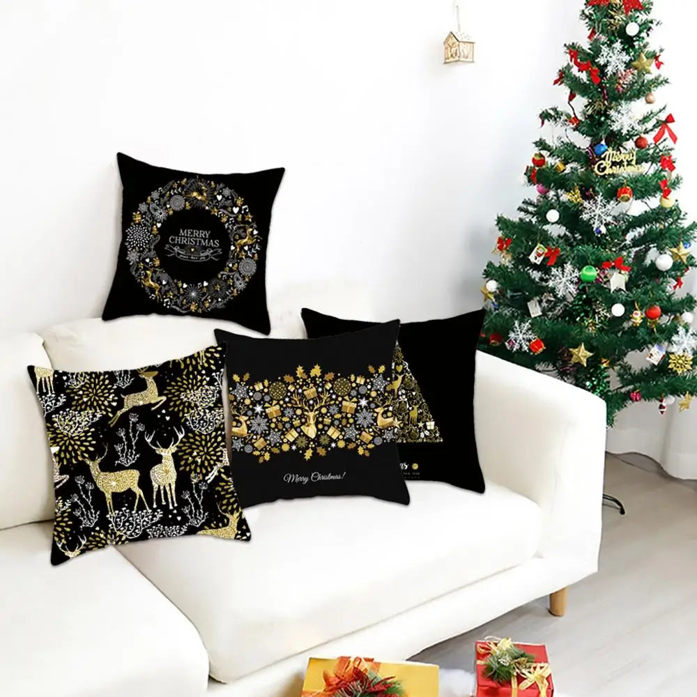 45cm Christmas Black Gold Cushion Cover Merry Christmas Decorations