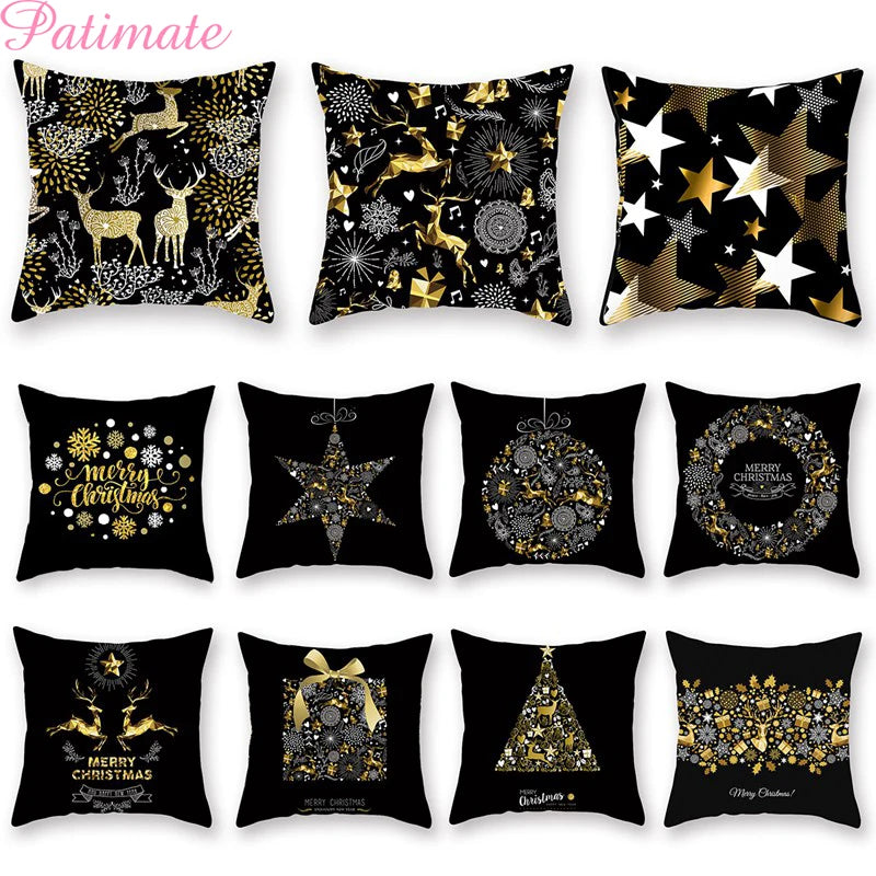 45cm Christmas Black Gold Cushion Cover Merry Christmas Decorations