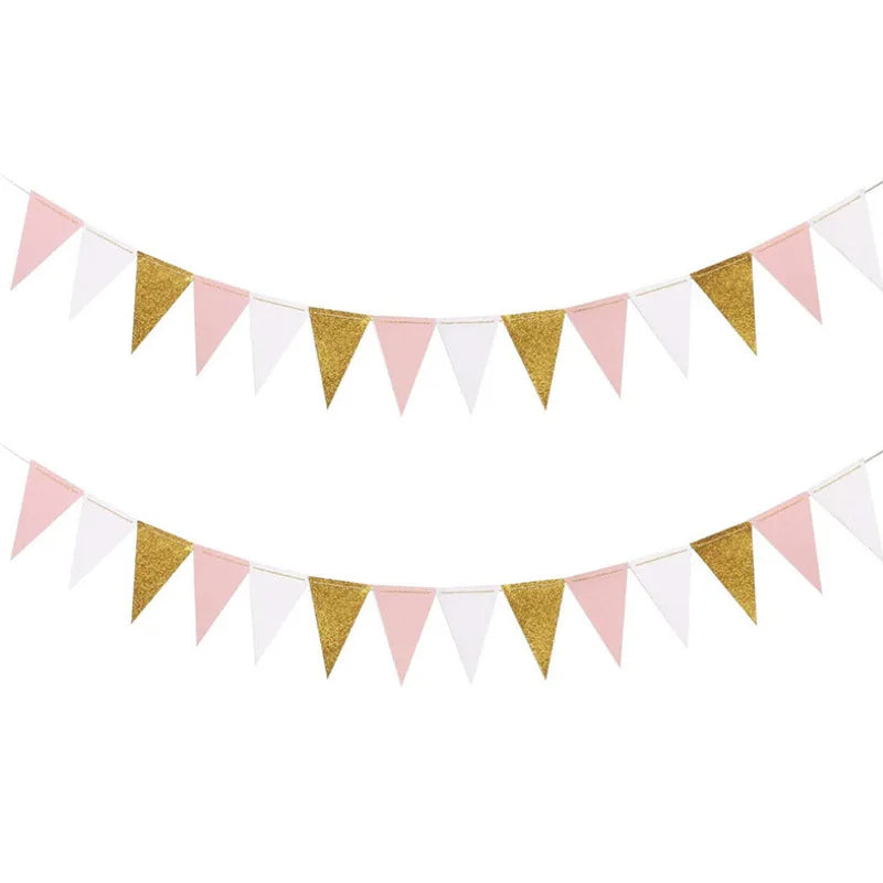 10Ft Pink White Gold Paper Triangle Garland Flag Bunting Pennant Banner for Wedding Bridal Shower