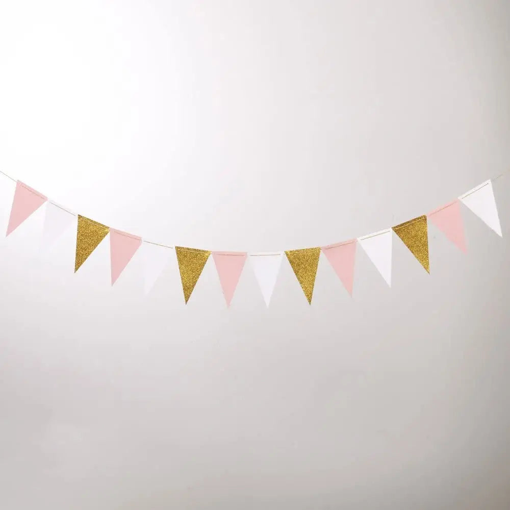 10Ft Pink White Gold Paper Triangle Garland Flag Bunting Pennant Banner for Wedding Bridal Shower