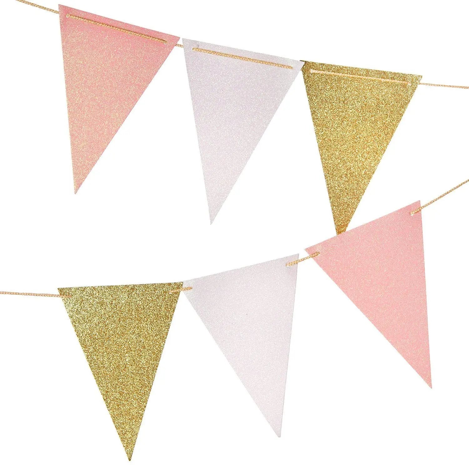 10Ft Pink White Gold Paper Triangle Garland Flag Bunting Pennant Banner for Wedding Bridal Shower