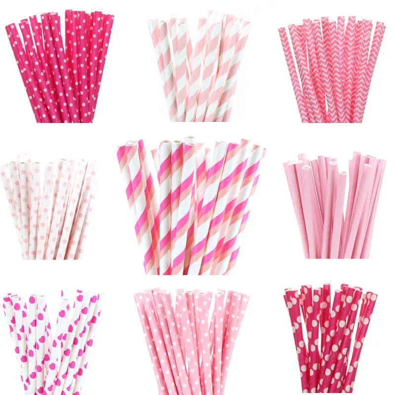 25pcs/lot Pink Paper Straws For Baby Shower Wedding Party Birthday Cupcake Flags Decoration