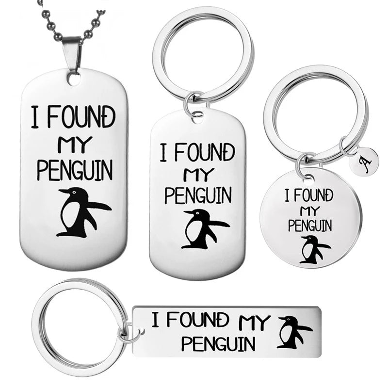 Stainless Steel Creative Letter Couple Keychains Necklace Engraved I FOUND MY PENGUIN Women Bag Key Chains Jewelry Wedding Gifts