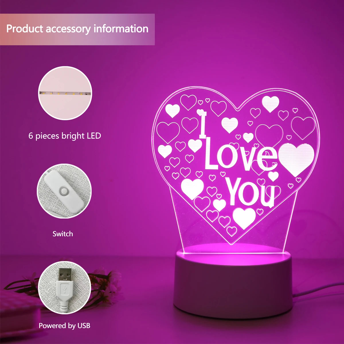 Pink Romantic Confession I LOVE YOU 3D Night Light Gift