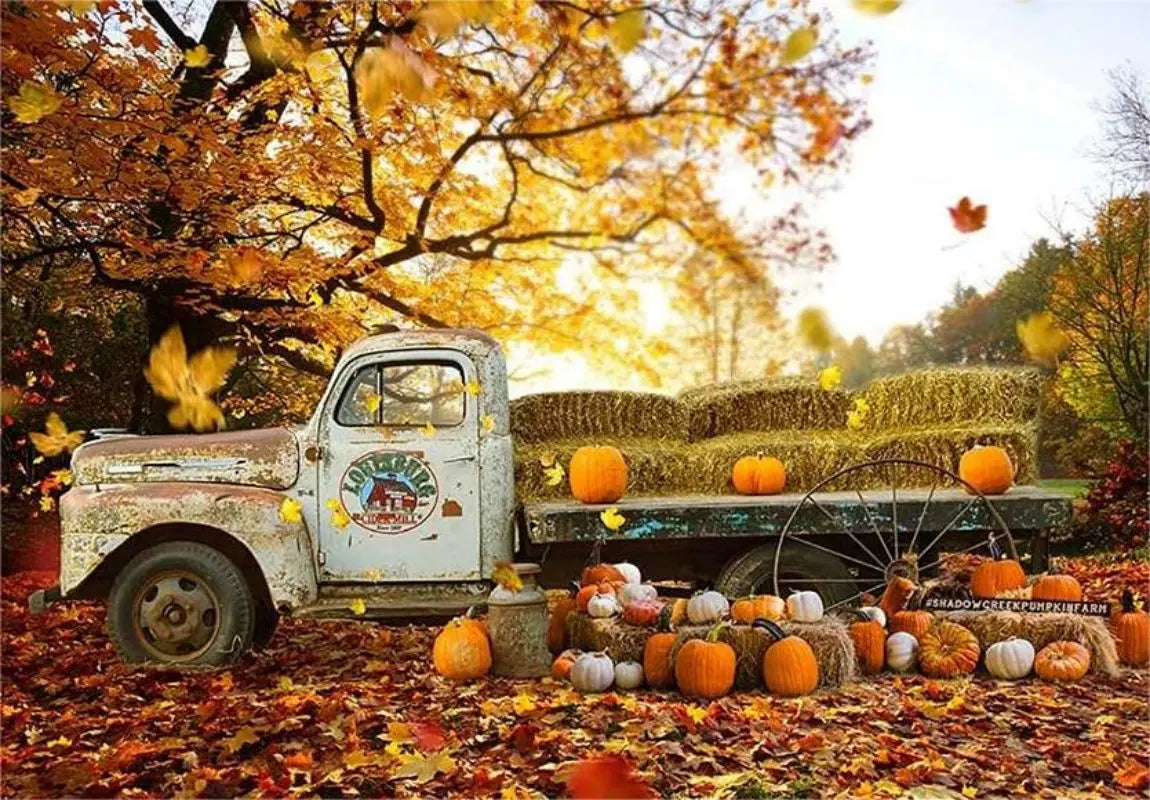 Autumn Pumpkin Truck Backdrop Harvest Hay Fall Maple Leaves Photography Background